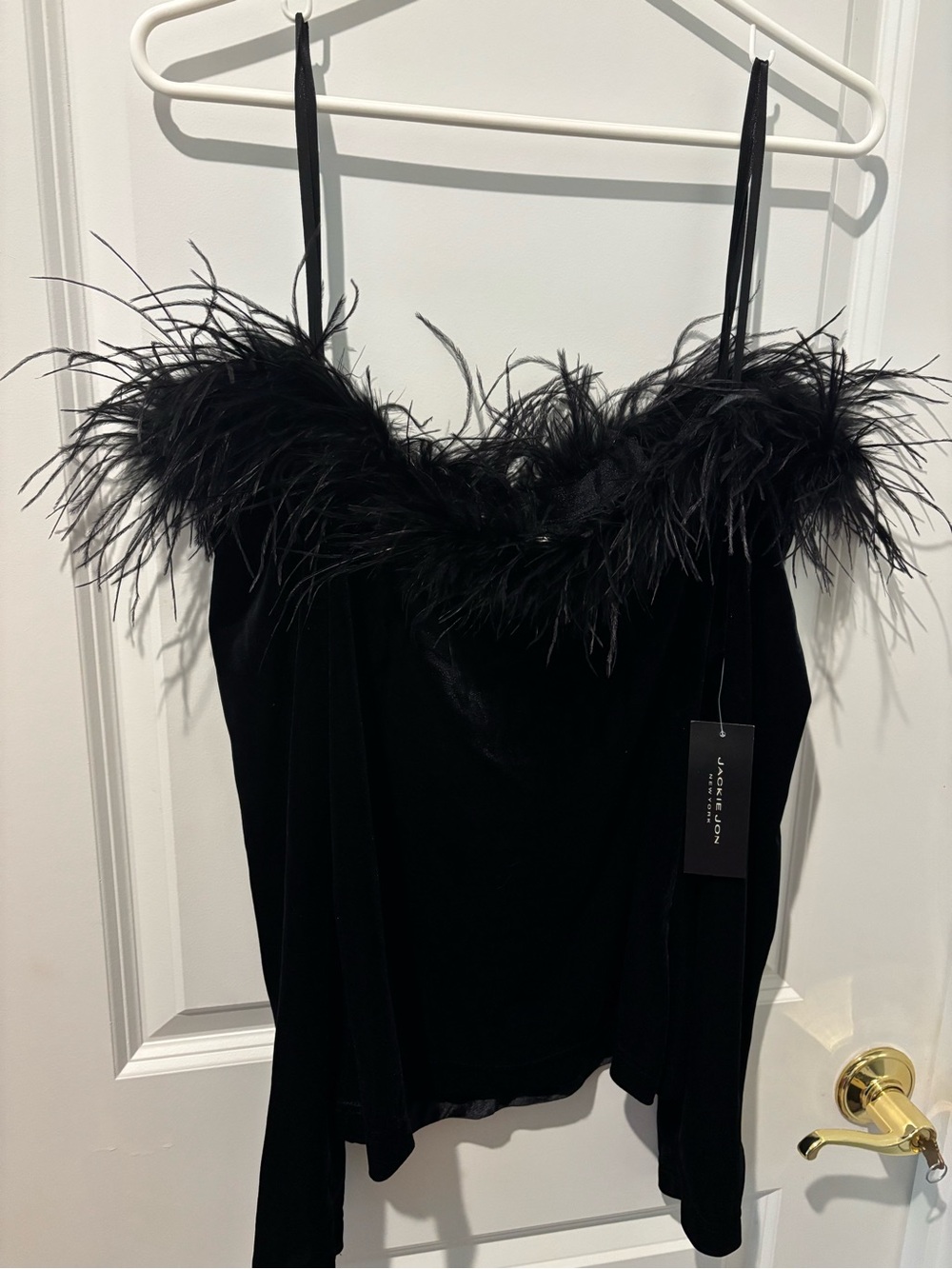 NWT Vintage Y2K Black Velvet Ostrich Feathers Long Sleeve Off Shoulder Shirt M